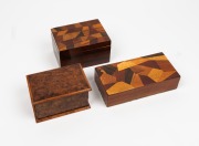 Two vintage Japanese inlaid timber boxes, together with a concertina fold-out timber box, 20th century, (3 items), ​​​​​​​the largest 20.5cm wide.