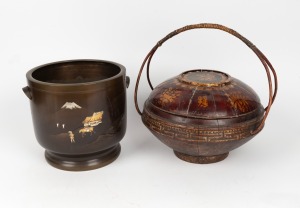 A vintage Japanese bronze hibachi pot, together with an antique Chinese wedding basket 19th/20th century, (2 items), the basket 34cm high.