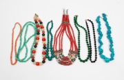 Assorted vintage beaded necklaces including coral, turquoise, jade, etc, (8 items)