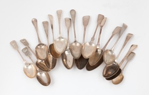 Sixteen assorted antique Channel Islands silver spoons 18th/19th century, 785 grams total