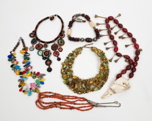 Six assorted beaded necklaces including Yemeni coral, glass, etc.