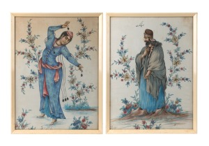 Two Persian portraits hand-painted on silk, signed in the lower margins, 20th century, 43 x 32cm each overall