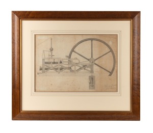 A framed antique engineer's hand-drawn rendering of a stationary motor, finished in watercolour with pencil inscription lower right dating it at 1854, 58 x 68cm overall