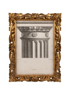 Two antique architectural lithographs of column capitals, attractively housed in vintage Florentine carved giltwood frames, the larger 42 x 33cm overall