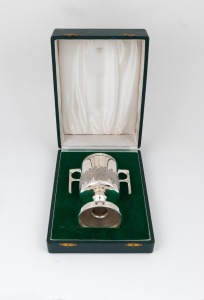 "KING EDWARD THE MARTYR - LOVING CUP" vintage English sterling silver lidded cup by Toye Kenning & Spencer Limited of London, housed in original box, 17cm high, 300 grams