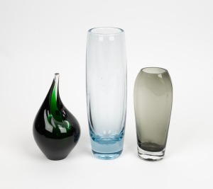 HOLMEGAARD ice blue mantle vase and green art glass vase; together with a Scandinavian art glass vase, (3 items), the largest 28cm high
