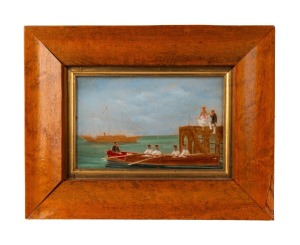 JAN VAN DER BEERS, Le Yacht.... oil on board, registration stamped signature lower left, titled in pencil verso, ​​​​​​​10 x 16cm, 20 x 26cm overall.