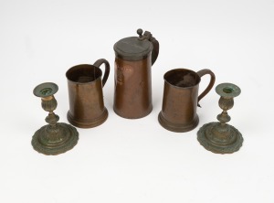 A pair of antique French cast brass candlesticks, together&nbsp;with three assorted antique Continental tankards (one with lid), 19th century, (5 items), ​​​​​​​the largest 21cm high.