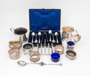 Assorted sterling silver christening mugs, toast rack, napkin rings, condiments, boxed teaspoon and sugar tong set, etc, 19th and 20th century, (qty), 420 grams silver weight (not including glass liners).