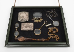 Antique and vintage lorgettes, looking glass, two silver cigarette cases, housed in a vintage "VITRY FONDE" cosmetics display box, (8 items), the case 37cm wide