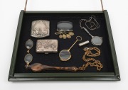 Antique and vintage lorgettes, looking glass, two silver cigarette cases, housed in a vintage "VITRY FONDE" cosmetics display box, (8 items), ​​​​​​​the case 37cm wide
