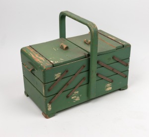 A green painted timber sewing box with assorted costume jewellery, soaps and cosmetics boxes, etc, (qty).