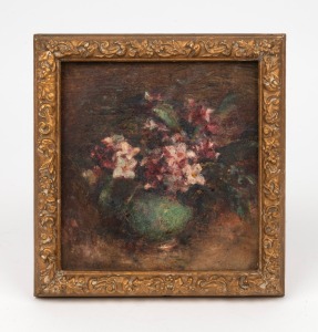 ARTIST UNKNOWN, (untitled floral still life), oil on panel, signed lower left (illegible), 16 x 15cm, 20 x 19cm overall
