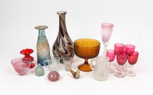 Assorted antique and vintage glassware including cranberry drinking glasses, millefiori paperweight, Murano glass vase etc., 19th and 20th century, (18 items), the largest 30cm high