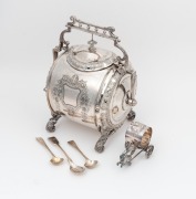 An antique English silver plated biscuit barrel, chariot napkin ring, sterling silver mustard spoon and a silver plated condiment spoon, 19th/20th century, (4 items), the biscuit barrel 24cm high