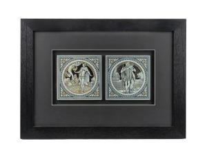 MOYR SMITH pair of English Aesthetic Movement tiles, framed and mounted together, the tiles 15 x 15cm, the frame 41 x 57cm overall