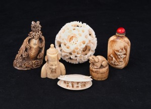 Chinese carved ivory puzzle ball, Japanese carved ivory clam shell, Japanese carved whalebone netsuke&nbsp;(Edo Period, 18th/19th century); together with three carved bone scent bottles, (6 items), the largest 7.5cm high