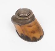 An antique horse hoof inkwell with silver plated mounts, titled "MABEL", 19th century, 10cm high, 16cm long