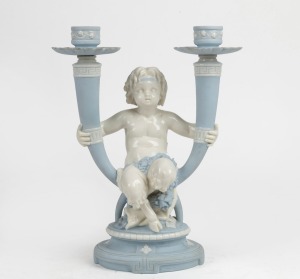 MINTON antique English blue and white porcelain candelabra with satyr figure. 19th/20th century, stamped "Minton", 28cm high