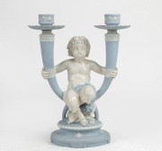 MINTON&nbsp;antique English blue and white porcelain&nbsp;candelabra with satyr figure. 19th/20th century, stamped "Minton", 28cm high