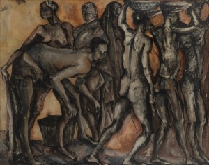 ARTIST UNKNOWN, (collecting water), watercolour and ink on paper, signed lower left (illegible), 53 x 65cm, 66 x 78cm overall
