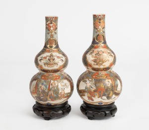 SATSUMA pair of antique Japanese earthenware double gourd shaped vases, Meiji Period, 19th/20th century, 17.5cm high