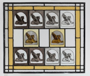 A leadlight window display with sphinx decoration, 20th century, 46.5 x 53cm