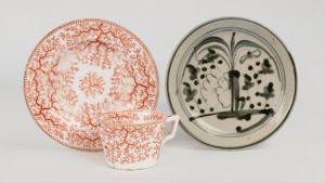 An antique blue and white porcelain dish, Ming Dynasty; together with a Mintons antique English cup (damaged) and saucer, (3 items), ​​​​​​​the Chinese dish 16cm diameter