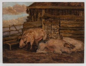 ARTIST UNKNOWN (19th century), (pigs in sty), oil on oak panel, 23 x 31cm