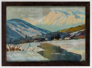 ARTIST UNKNOWN, (mountain village scene in snow), oil on canvas, 50 x 69cm, 58 x 77cm overall