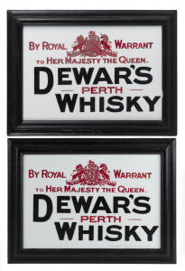 "DEWAR'S WHISKY" pair of antique milk glass point of sale advertising signs in original frames (with later painted finish), 19th/20th century, 30 x 40cm each overall.