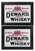 "DEWAR'S WHISKY" pair of antique milk glass point of sale advertising signs in original frames (with later painted finish), 19th/20th century, 30 x 40cm each overall.