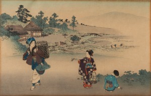 Three Japanese woodblock prints in matching frames including KOHO SHODA (1871-1946), "Bridge in the rainy season";&nbsp;ARAI YOSHIMUNE&nbsp;(1873-1945) and&nbsp;KATSUSHIKA HOKUSAI, 41 x 53cm each overall.