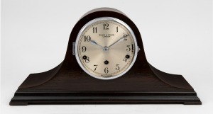 WILSON & WILSON vintage English "Napoleon Hat" mantle clock in walnut case with three train Westminster chiming and gong striking movement, circa 1930, 24cm high, 48cm wide.