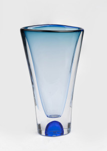 KOSTA BODA vintage Swedish blue sommerso art glass vase by Göran Wärff, engraved "Kosta Boda, G. Wärff", with original label "Kosta Boda", 28cm high.