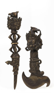 A Tibetan bronze vajra and ceremonial blade, 20th century, (2 items), ​​​​​​​35cm and 27cm long