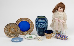 An antique German porcelain headed doll, ROYAL DOULTON unusual Art Deco porcelain vase, two porcelain dishes, porcelain trinket box, porcelain miniature cup, and an Italian glass teacup, saucer and plate set, 20th century, (9 items), ​​​​​​​the doll 28cm 