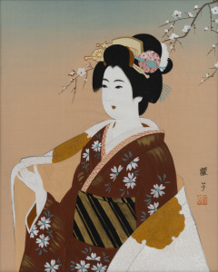 A pair of geisha portraits hand-painted on silk, mid 20th century, 47 x 40cm each overall
