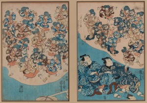 ICHIYUSAI KUNISOHI (1797-1861), pair of Japanese antique woodblock prints, framed together as a diptych, Edo Period, 19th century, 35 x 24cm each, 52 x 65cm overall