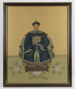 A pair of Chinese hand-painted ancestor portraits, watercolour on silk, 20th century, 76 x 62cm each overall