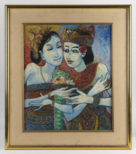ARTIST UNKNOWN, (Balinese figures), oil on canvas, signed upper right "Bali, '89", signature illegible, 59 x 49cm, 80 x 70cm overall