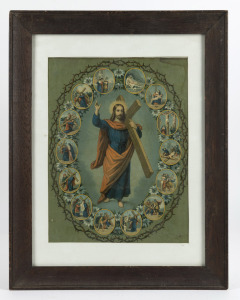 Two vintage religious lithograph pictures, both framed (one oval with convex glass), the larger 59 x 47cm overall