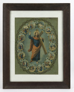 Two vintage religious lithograph pictures, both framed (one oval with convex glass), the larger 59 x 47cm overall