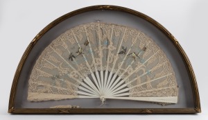 An impressive antique fan, carved whalebone, silk and lace with hand-painted bird decoration, 19th century, attractively framed in the 20th century, 47cm x 84cm overall