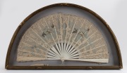 An impressive antique fan, carved whalebone, silk and lace with hand-painted bird decoration, 19th century, attractively framed in the 20th century, 47cm x 84cm overall