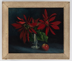 ARTIST UNKNOWN, (still life with red flowers and apple), oil on board, 48 x 58cm, 61 x 71cm overall
