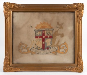 ADVANCE AUSTRALIA: Antique embroidered coat of arms in gilt frame with convex glass, circa 1900, 33 x 37cm overall