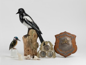 A military pressed metal triptych&nbsp;picture frame with waratah decoration; together with a Victorian Rifle Club plaque, circa 1920, Camperdown, Victoria; three relic condition clay pipes (damaged); a porcelain kingfisher statue and a porcelain magpie statue