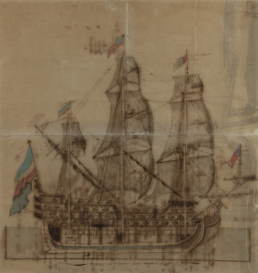 ORIGINAL SECTIONAL ELEVATION FOR CONSTRUCTION OF A FRENCH VESSEL: French Shipyard drawing. (France, undated but probably 1740-1770.) Fine original drawing in ink on paper, with watercolour highlights, 470 x 450 mm., showing an armed ship in profile, flyin