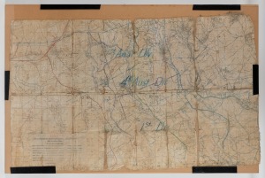 WW1 period French battlefield map with manuscript notations, belonging to WILLIAM "BILL" YOUNG a military&nbsp;ambulance driver at the front. Young survived the war and returned to Cheltenham in Melbourne where he became a plumber. Worn battlefield condition&nbsp;w